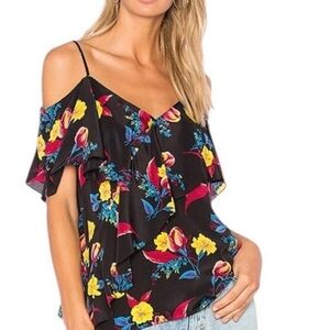 Diane Von Furstenberg Silk Black Floral V-Neck Ruffle Blouse Sz M